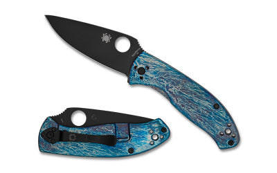 Spyderco Tenacious 3.35" D-2 Blade Folding Knife Black Oxide Finish Blue Titanium Handle Disarray R.I.L. Lock C122TIBLBKD2P