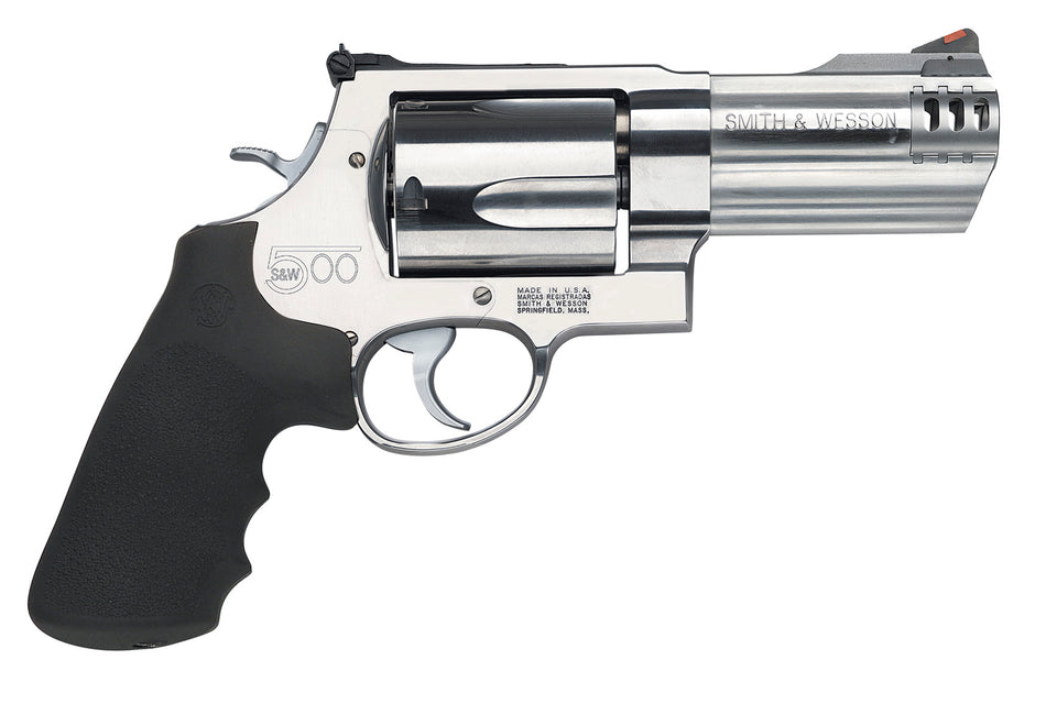 Smith & Wesson 163504 Model 500 X-Frame 500 S&W Mag Stainless Steel 4" Compensated Barrel & 5rd Cylinder, Satin Stainless Steel X-Frame, Includes Two Muzzle Brakes & Internal Lock