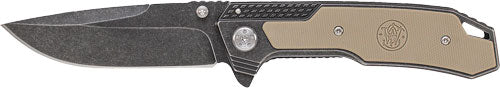 S&W Stonewash Drop Point 3.6" Flipper Knife, G10 Handle with S&W Logo, Coyote Tan