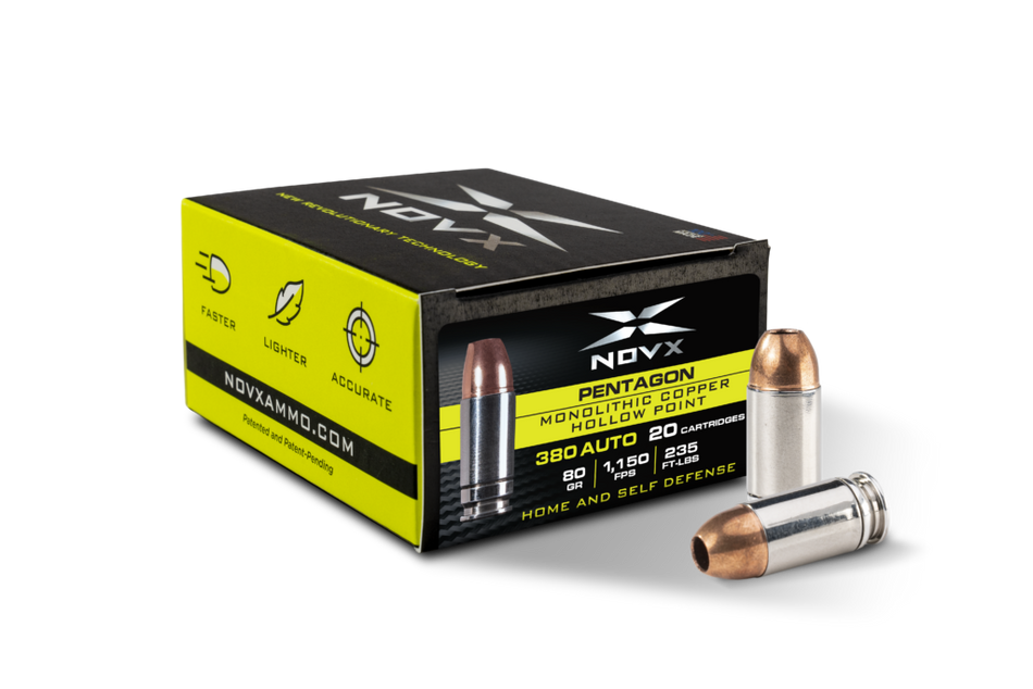 NovX Pentagon .380 ACP/Auto 80 grain Monolithic Copper Hollow Point ammunition