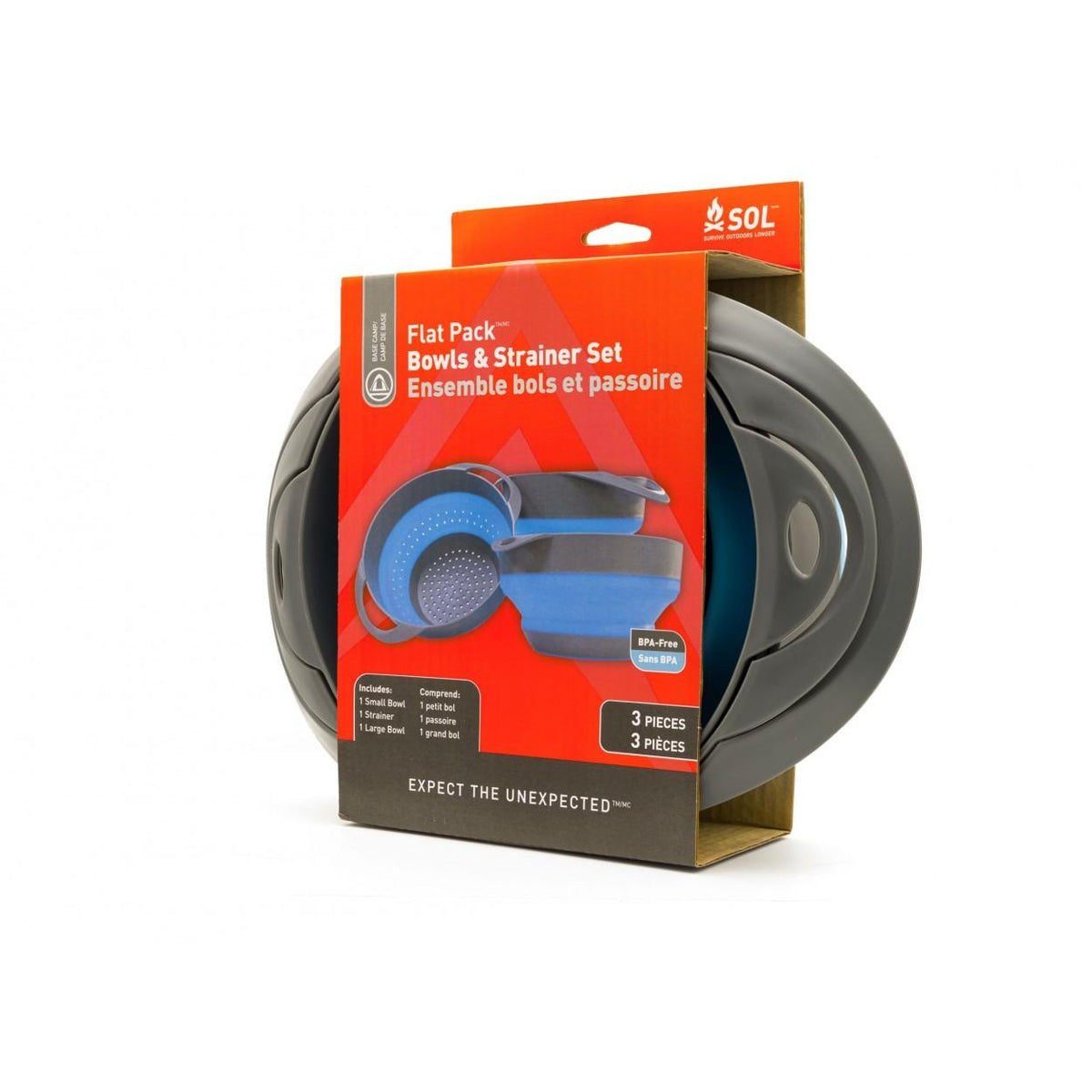 Ready Brands SOL Flat Pack Camping Bowls and Strainer 3-Piece Set