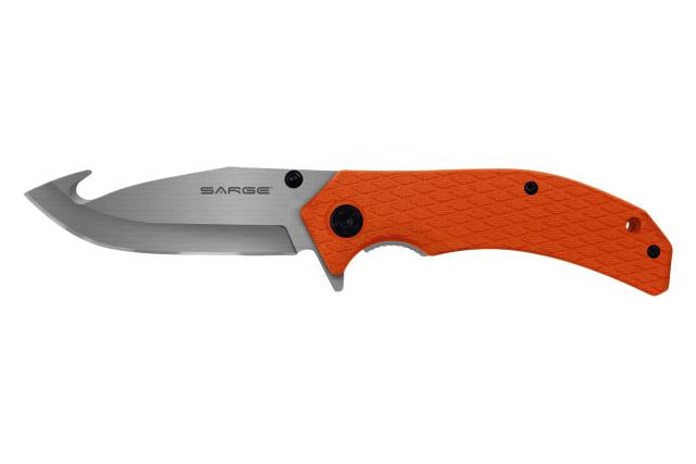 Sarge Knives Adrenaline Folding Knife 3.5" Gut Hook Spring Assist Orange Nylon