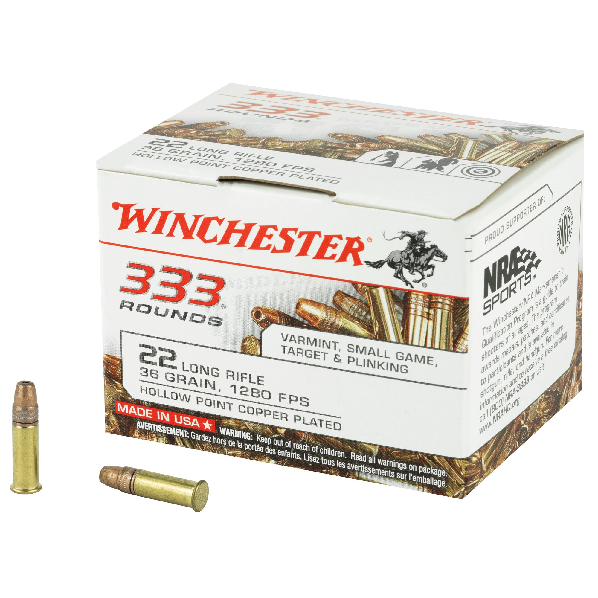 Winchester USA 333 Copper Plated Hollow Point 36 Grain .22 Long Rifle 1280 fps