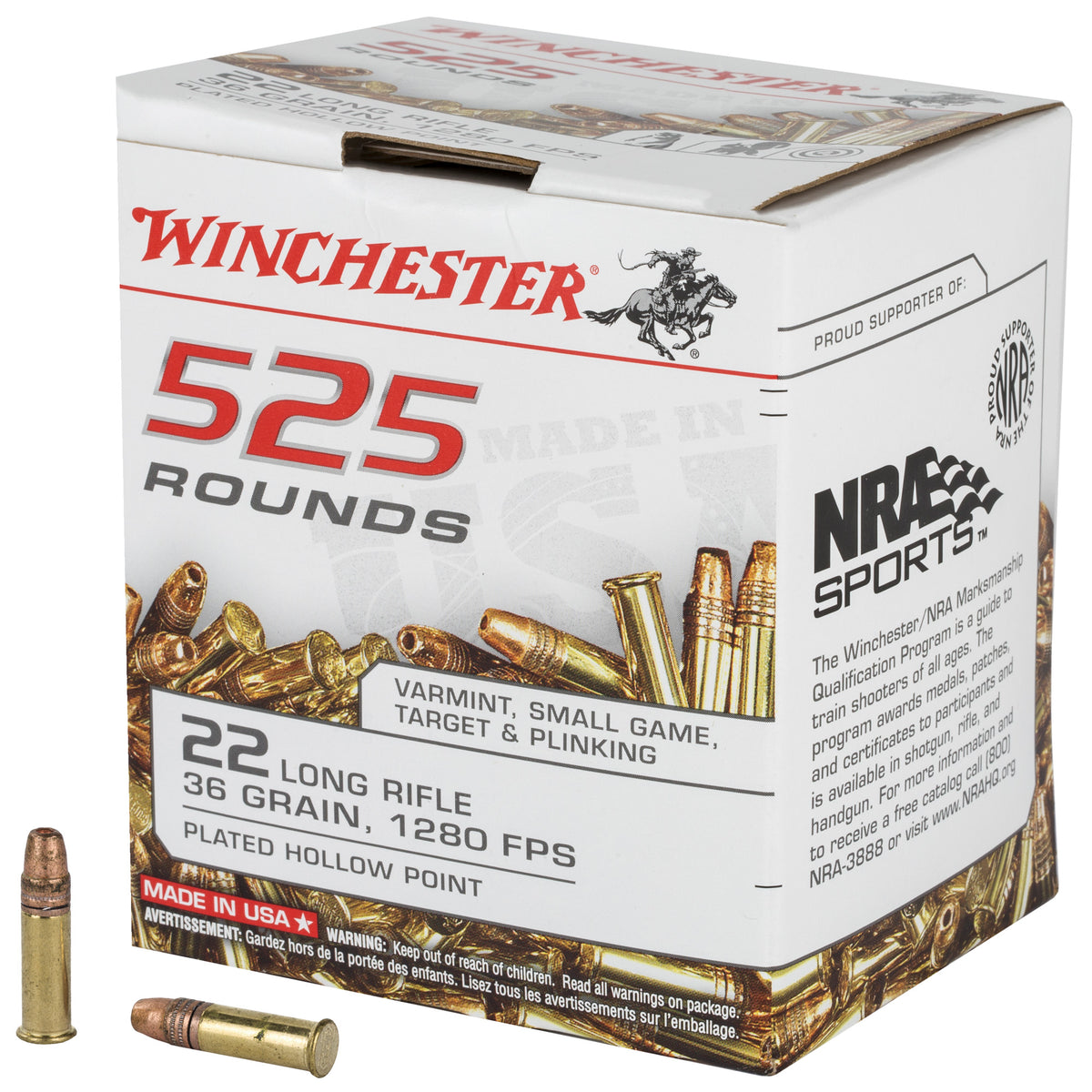 Winchester USA 525 Copper Plated Hollow Point 36 Grain .22 Long Rifle 1280 fps