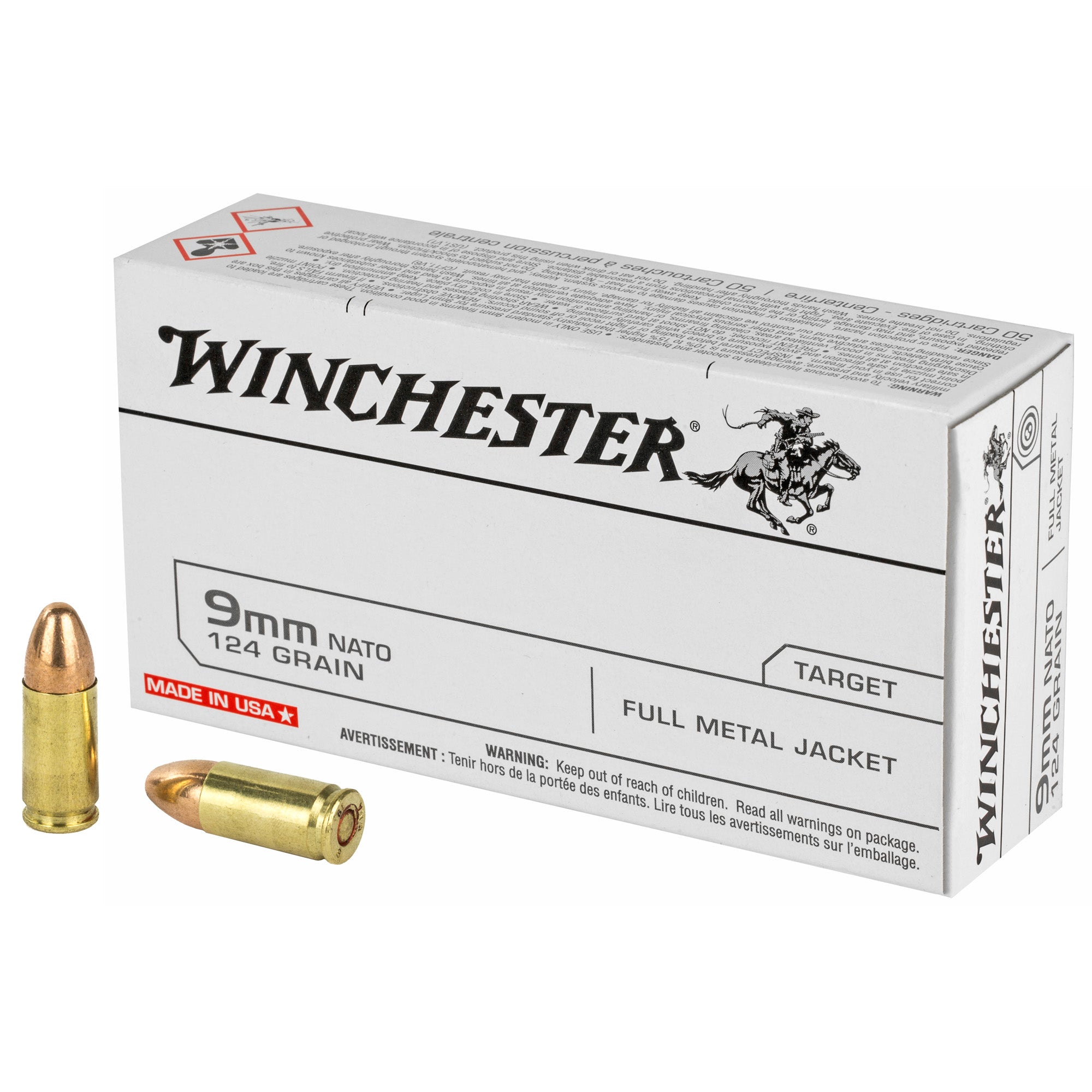 Winchester USA Nato 9mm Luger / Parabellum 124 grain Full Metal Jacket ammunition