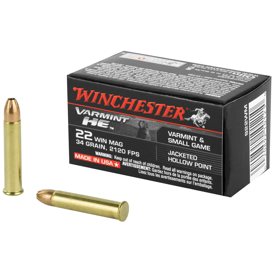 Winchester VARMINT HE .22 Magnum / WMR 34 grain Jacketed Hollow Point ammunition