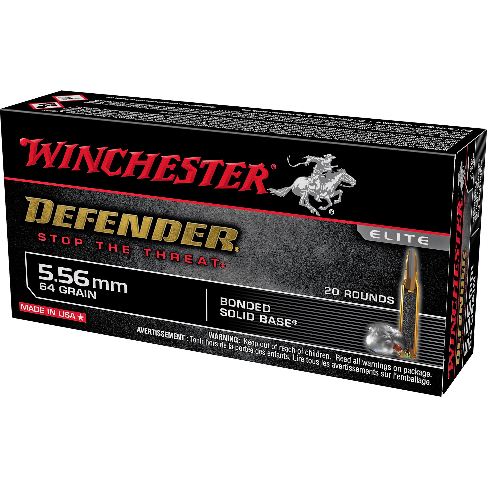 Winchester Defender 5.56x45mm NATO 64 grain Bonded Solid Base ammunition