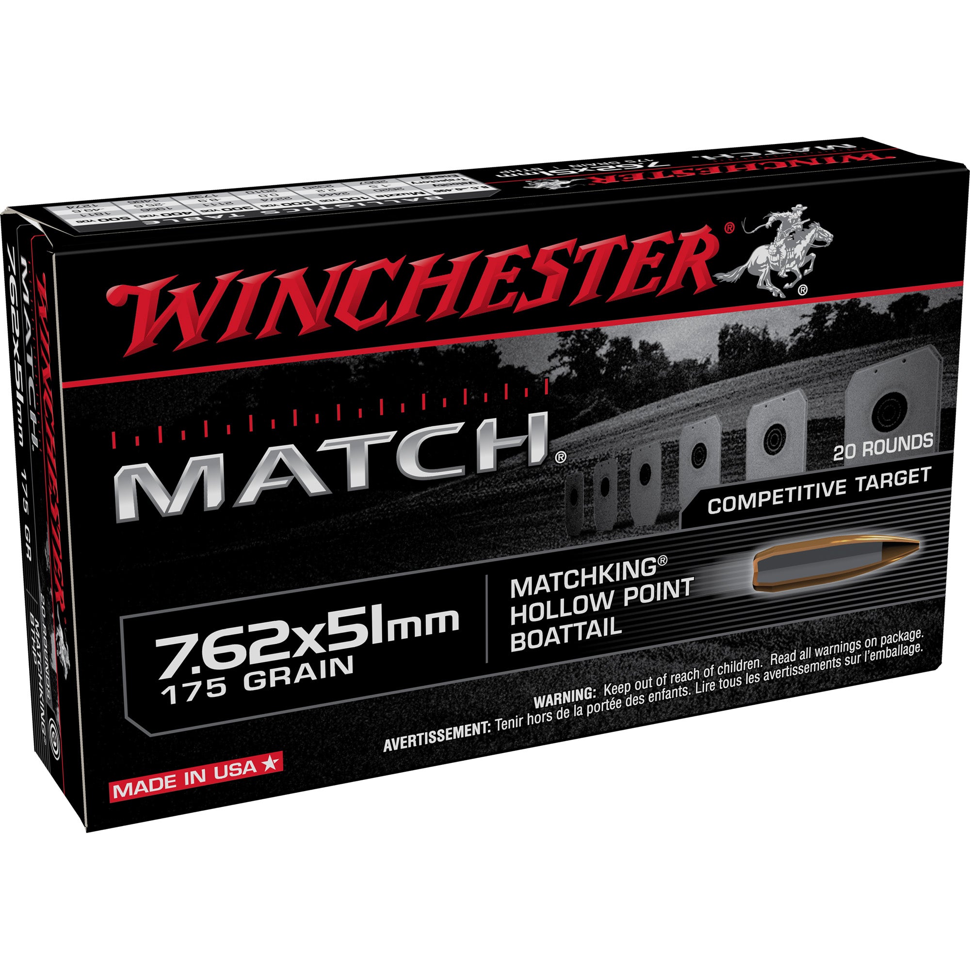 Winchester Match .308 Win / 7.62x51mm 175 grain Sierra MatchKing Boat Tail Hollow Point ammunition