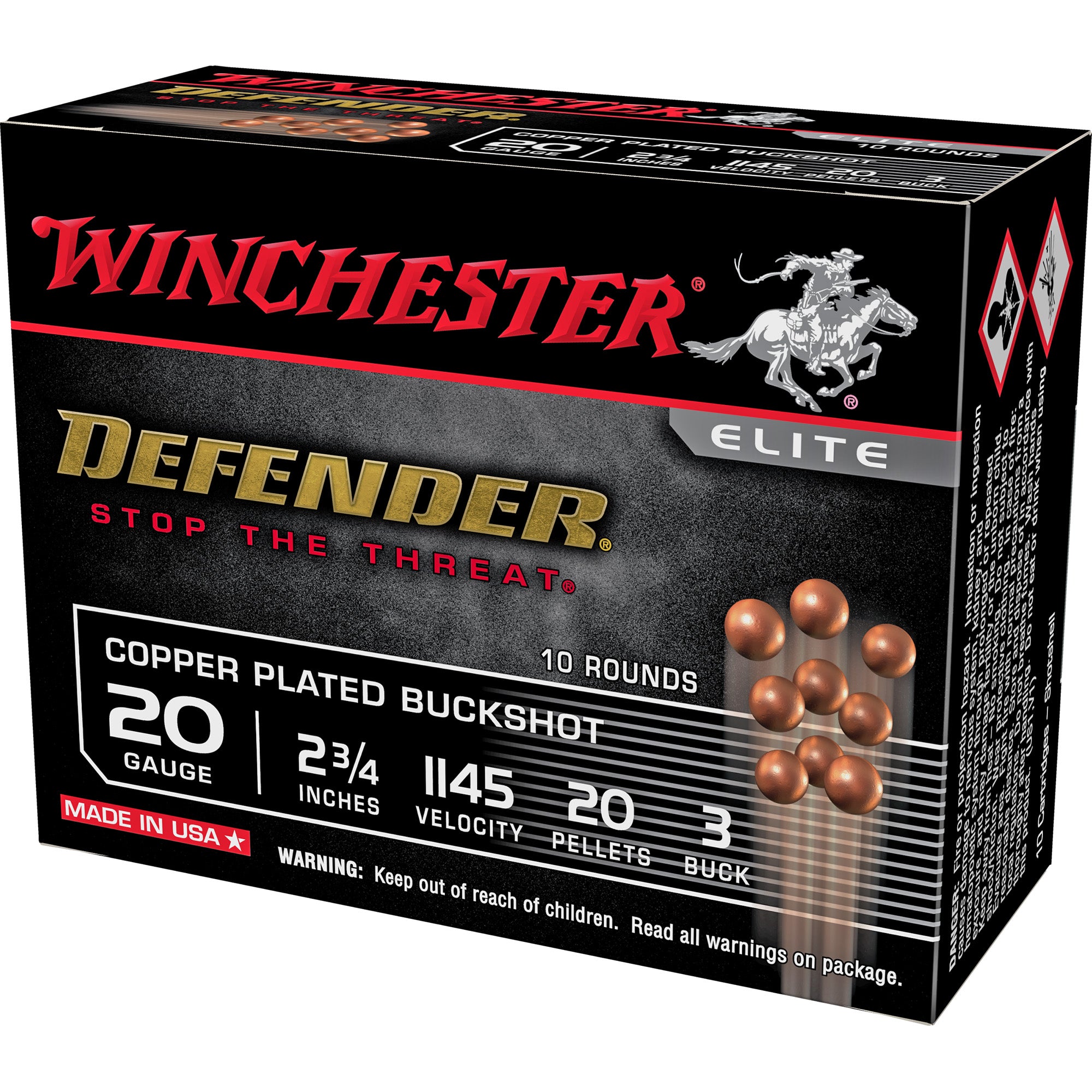 Winchester Defender 20 Pellets Shotgun Ammo 20 Gauge 2.75 in 1-1/8 oz #3 Buck