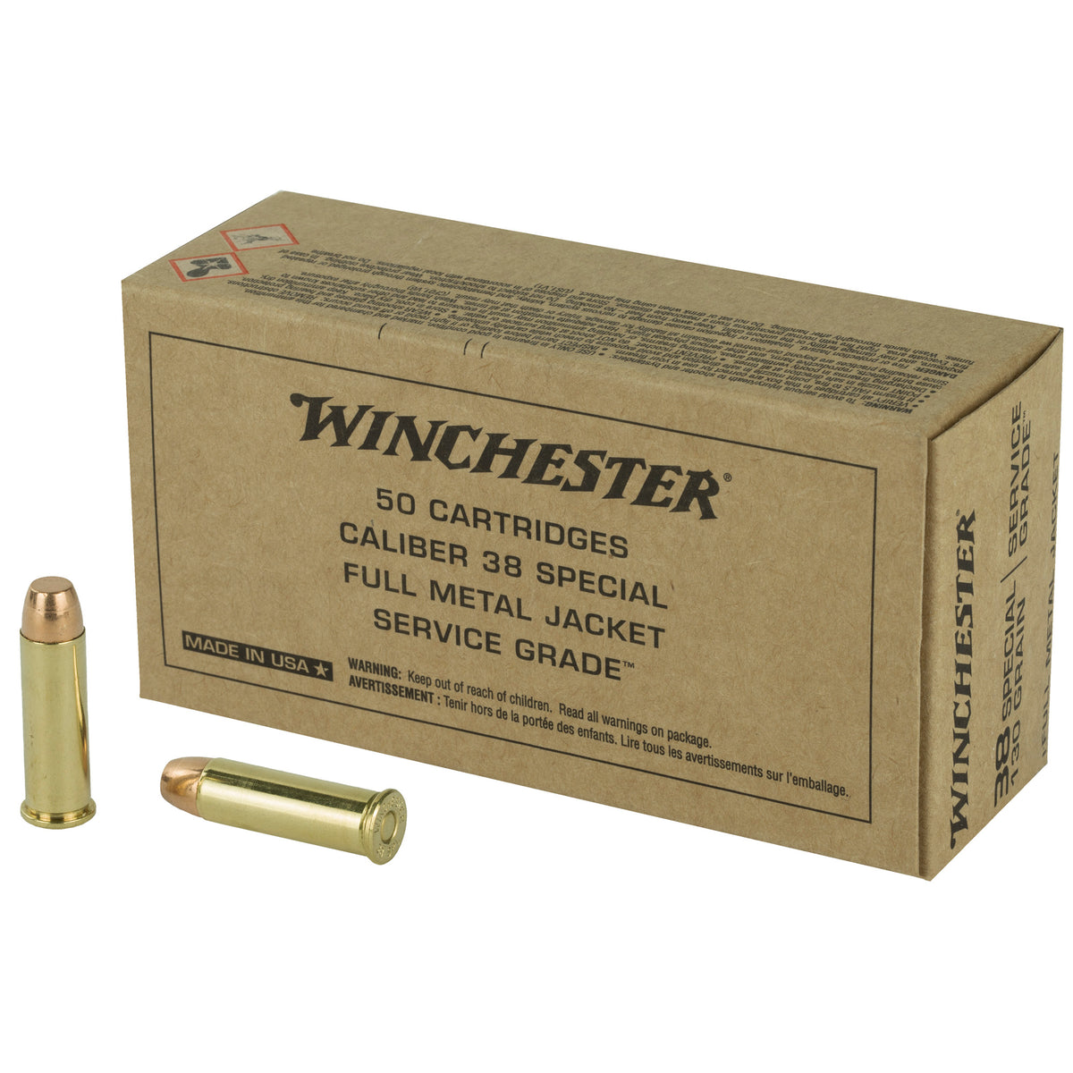 Winchester Service Grade Full Metal Jacket Flat Nose 130 Grain .38 Special 800 fps
