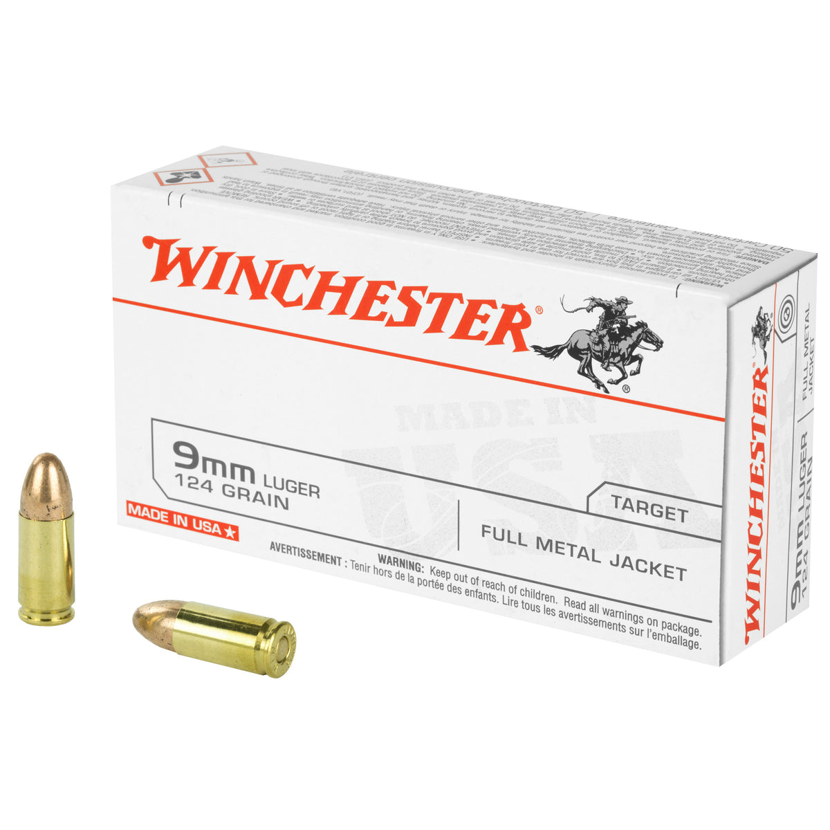 Winchester USA 9mm Luger / Parabellum 124 grain Full Metal Jacket ammunition