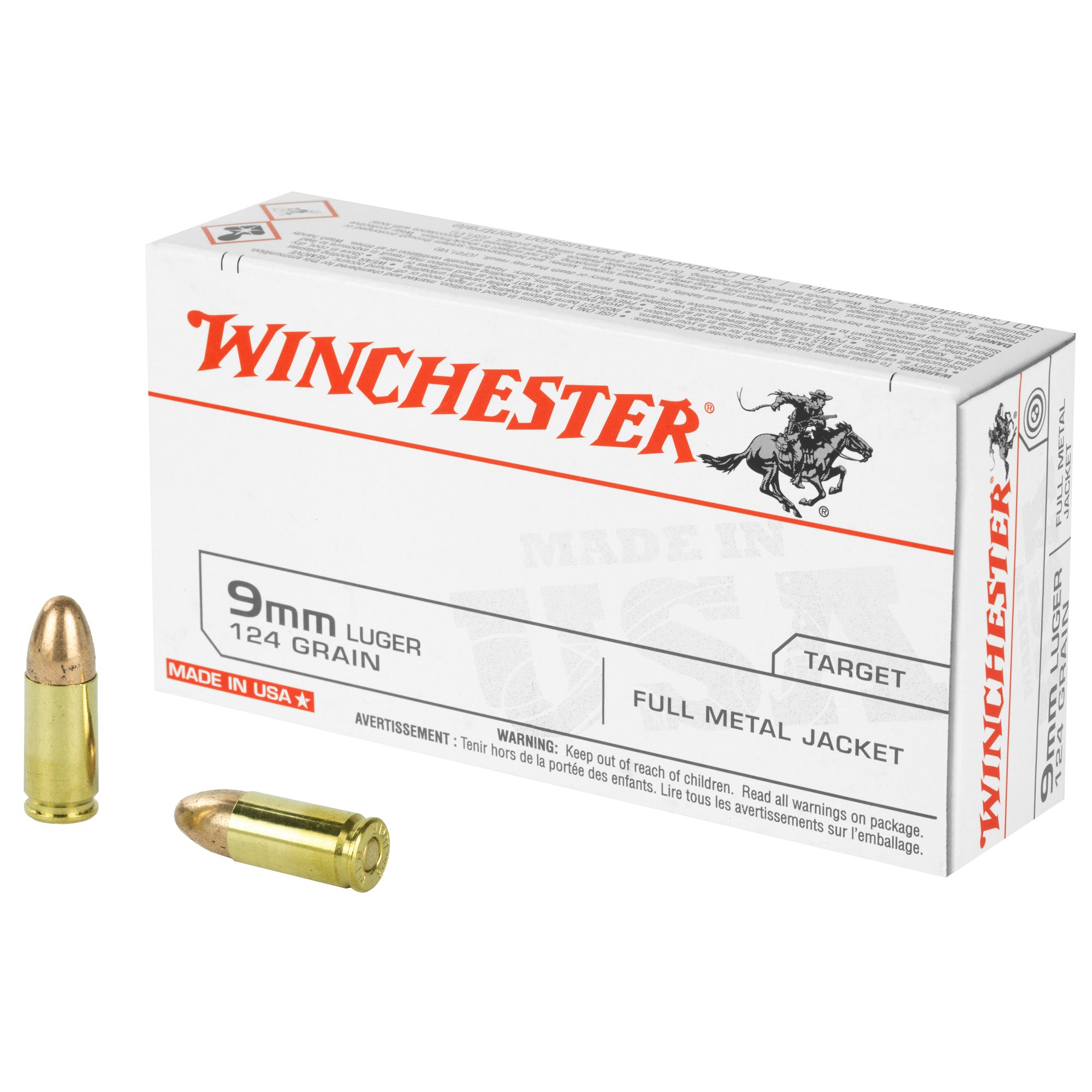 Winchester USA 9mm Luger / Parabellum 124 grain Full Metal Jacket ammunition