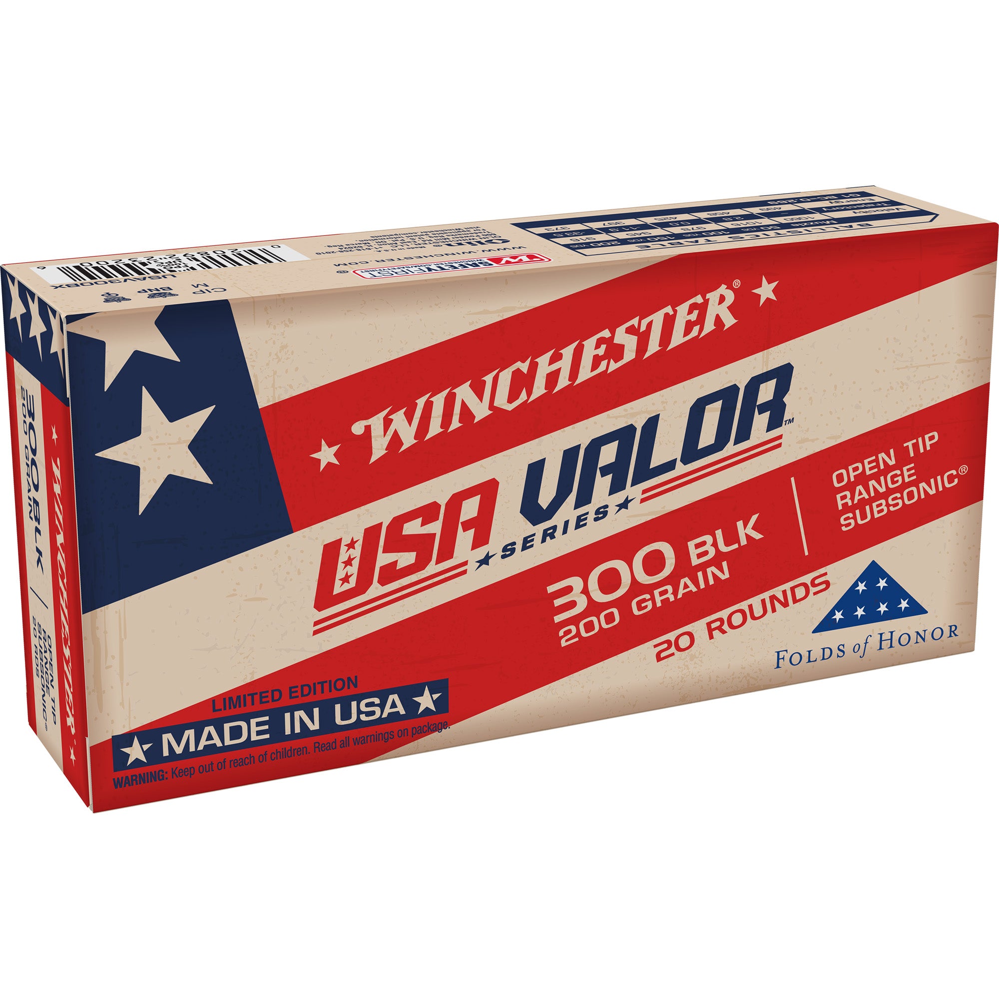 Winchester USA VALOR .300 AAC Blackout 200 grain Open Tip ammunition