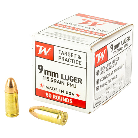 Winchester USA WHITE BOX Full Metal Jacket 115 Grain 9mm Luger/Parabellum 1190 fps
