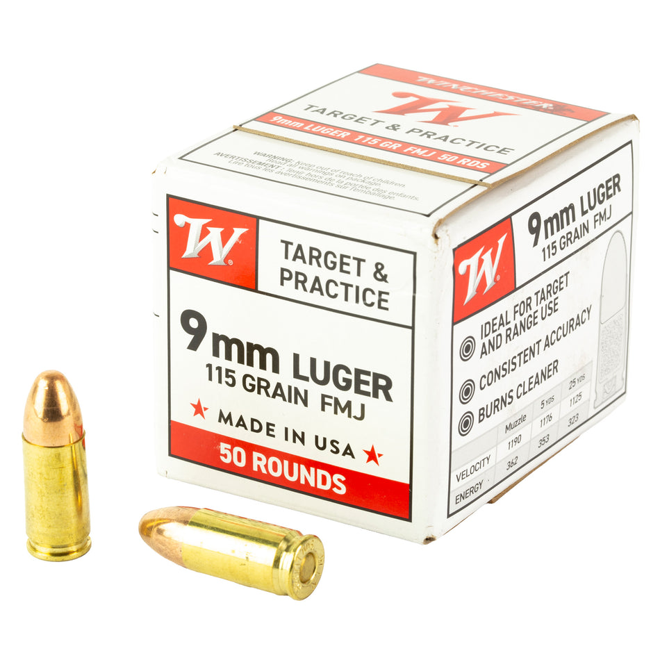 Winchester USA WHITE BOX Full Metal Jacket 115 Grain 9mm Luger/Parabellum 1190 fps