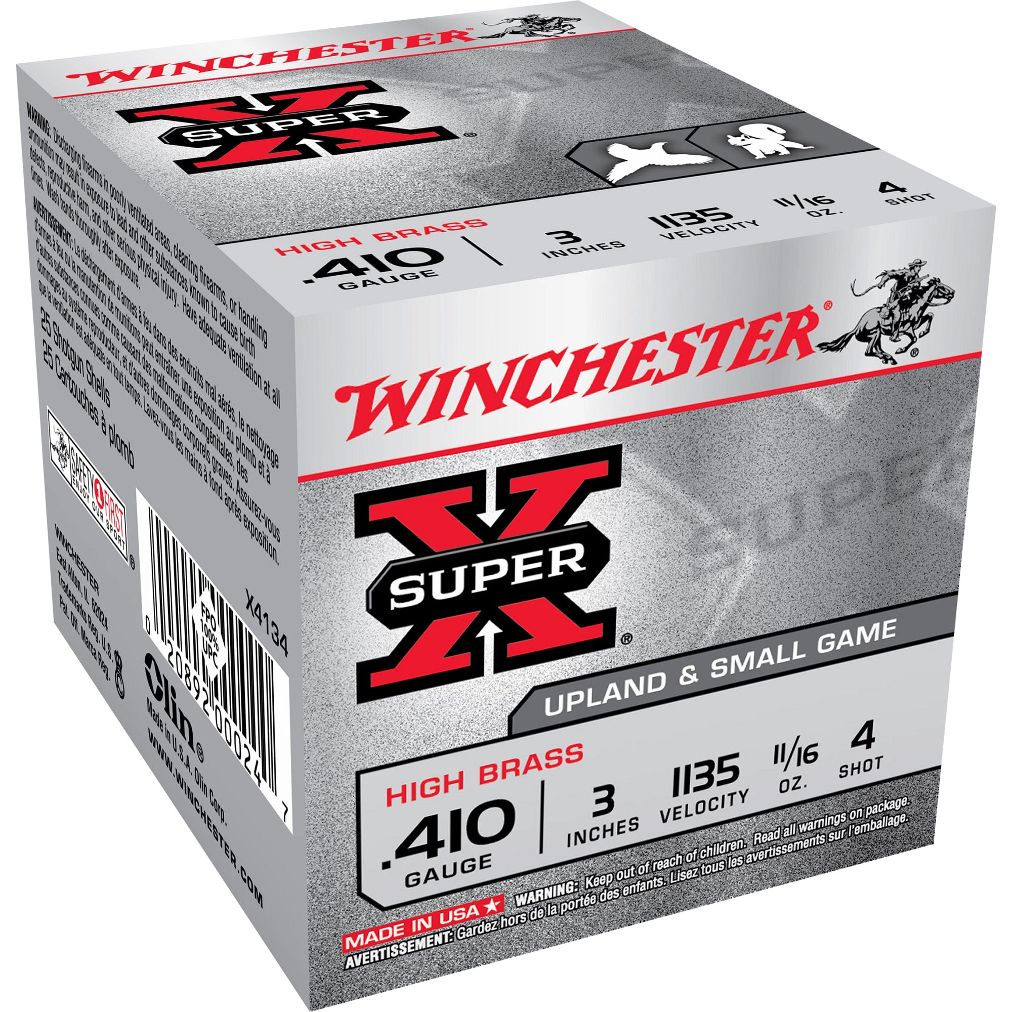 Winchester Super-X Upland HIGH BRASS Heavy Game Load Shotgun Ammo .410 Bore 3 in 11/16 oz #4