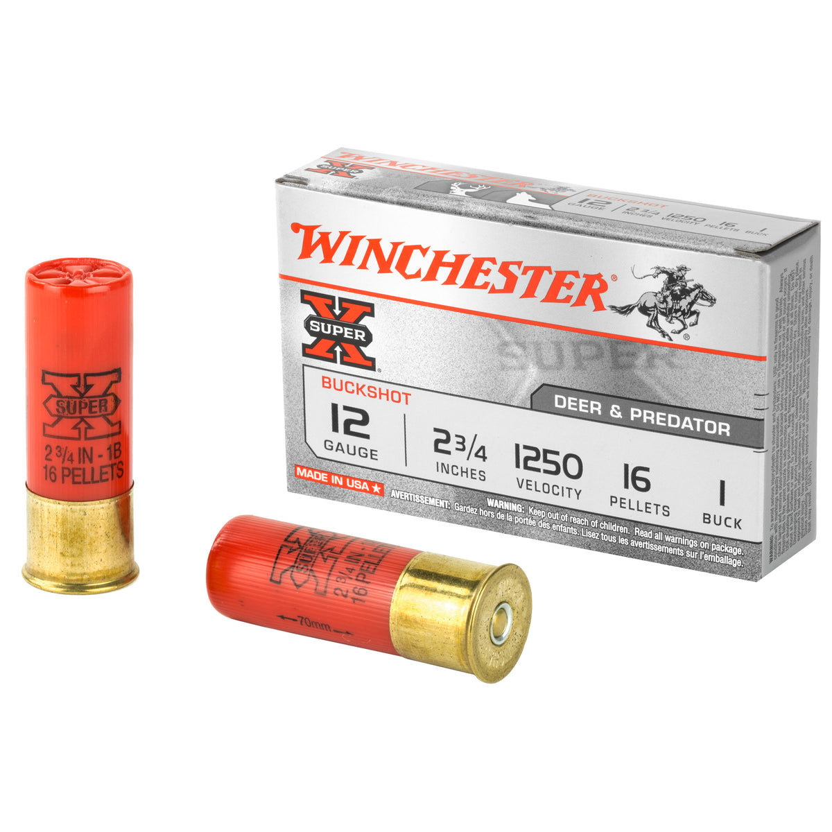 Winchester Super-X 16 Pellets Shotgun Ammo 12 Gauge 2.75 in 1-3/5 oz #1 Buck