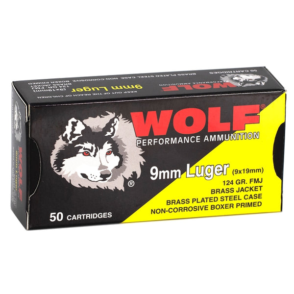 Wolf  9mm Luger Ammo 124 Grain Brass Plated Steel, Full Metal Jacket(FMJ)