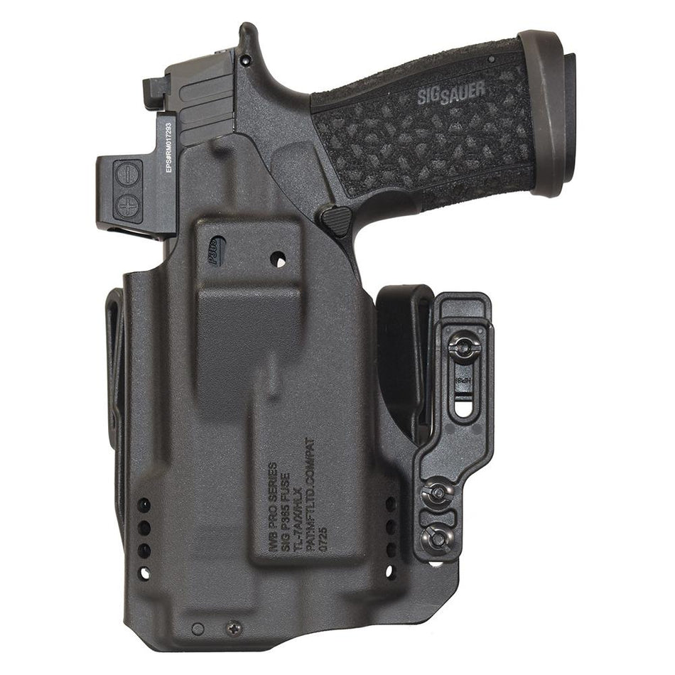 MFT Pro Holster, Ambidextrous IWB/OWB, Fits Sig P365 Fuse with TLR7, Black Kydex, Belt Clips Included