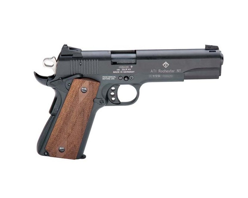 GSG GSG2210M1911CA 1911 *CA Compliant 22 LR 10+1 5" All Black Anodized Steel Barrel, Serrated Slide, Zinc Alloy w/Beavertail Frame, Double Diamond Walnut Grip