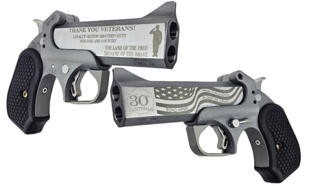 Bond Arms BA30THVET-45LC/410 30th Vet 45 Colt (Long Colt)/410 Gauge 2 Shot 4.25" Engraved Rough Matte Stainless Steel Barrel & Frame, Black Rubber Grip
