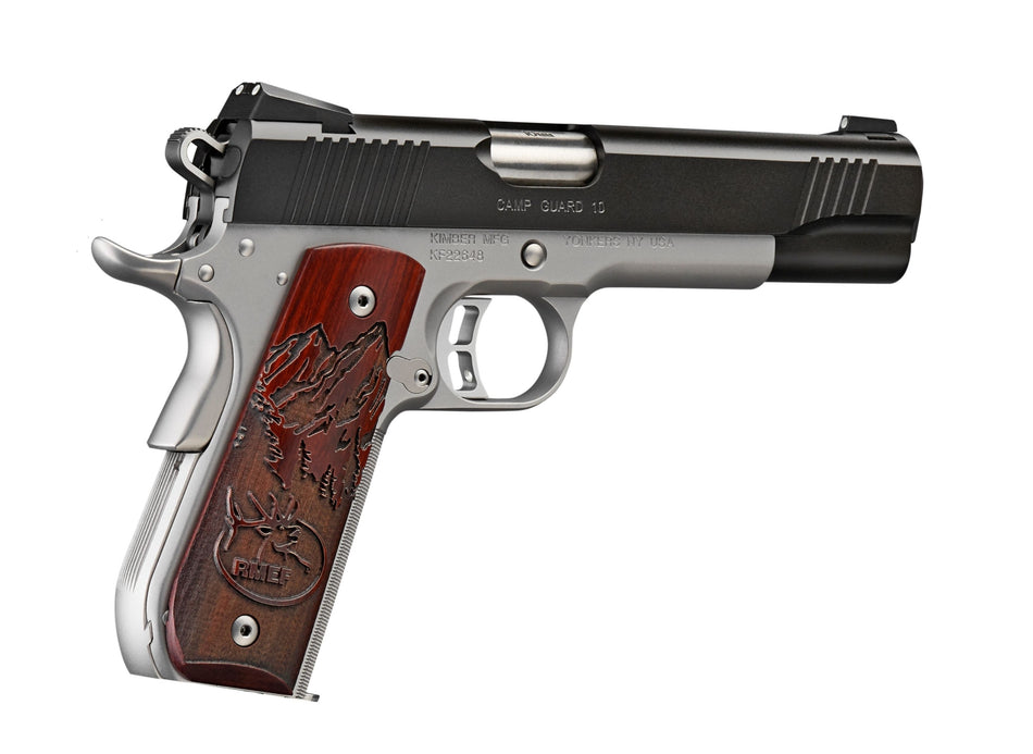 Kimber Mfg, Inc 3000233 Camp Guard 10mm Auto 8+1 5" Stainless Match Grade Barrel, Matte Black Serrated Stainless Steel Slide, Satin Silver Stainless Steel Frame w/Beavertail, Rosewood Grip