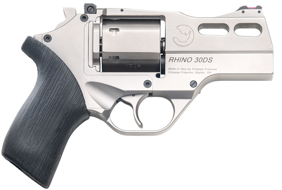 Chiappa Firearms CF340290 Rhino 30SAR *CA Compliant Small Frame 357 Mag 6 Shot, 3" Nickel-Plated Steel Vent Rib Barrel & Cylinder, Nickel-Plated Aluminum Frame, Black Rubber Grip, Concealed Hammer