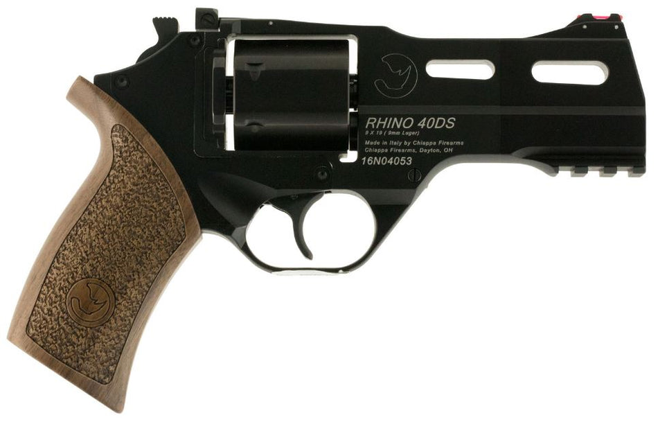 Chiappa Firearms 340165 Rhino 40DS Medium Frame 9mm Luger 6 Shot 4" Black Anodized Steel Vent Rib Barrel, Blued Steel Cylinder, Black Anodized Aluminum Frame, Walnut Grip, Concealed Hammer