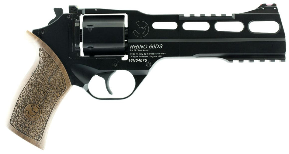 Chiappa Firearms 340167 Rhino 60DS Large Frame 9mm Luger 6 Shot, 6" Black Anodized Steel Vent Rib Barrel & Cylinder, Black Anodized Aluminum Frame, Walnut Grip, Concealed Hammer