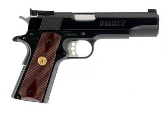 Colt Mfg O5873A1 1911 Gold Cup 38 Super Caliber with 5" National Match Barrel, 9+1 Capacity, Overall Blued Finish Steel, Serrated Slide & Double Diamond Checkered Rosewood Grip