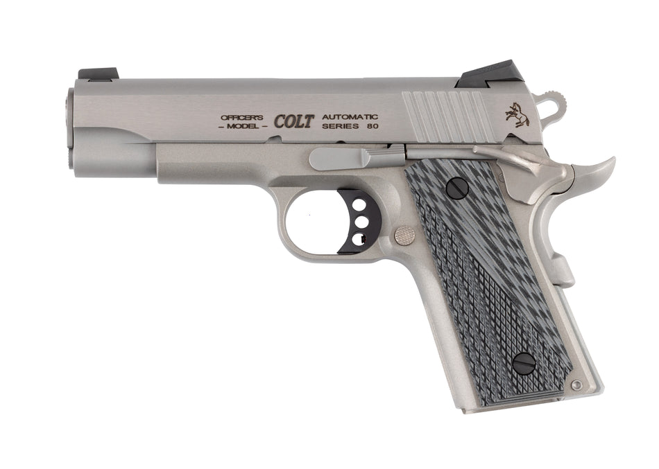Colt Mfg O9840XE Officer Lightweight 45 ACP 7+1 4.25" Stainless Steel Barrel, Stainless Cerakote Stainless Steel Serrated Slide, Stainless Cerakote Aluminum Frame w/Beavertail, Black/Gray G10 Grip