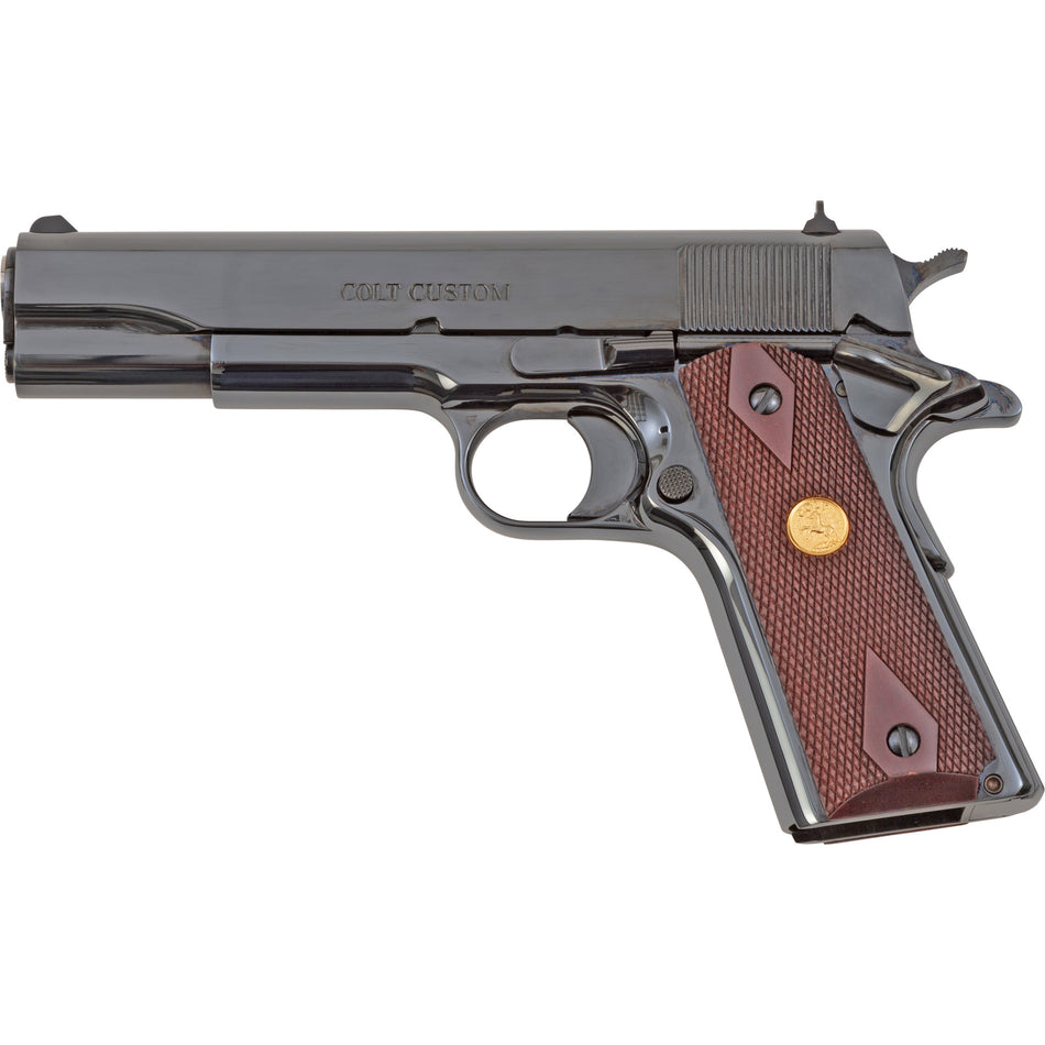 Colt Mfg O1911CRB 1911 Government 45 ACP 7+1 5" Stainless National Match Barrel, Polished Blued Serrated Steel Slide & Frame w/Beavertail, Wood Grip