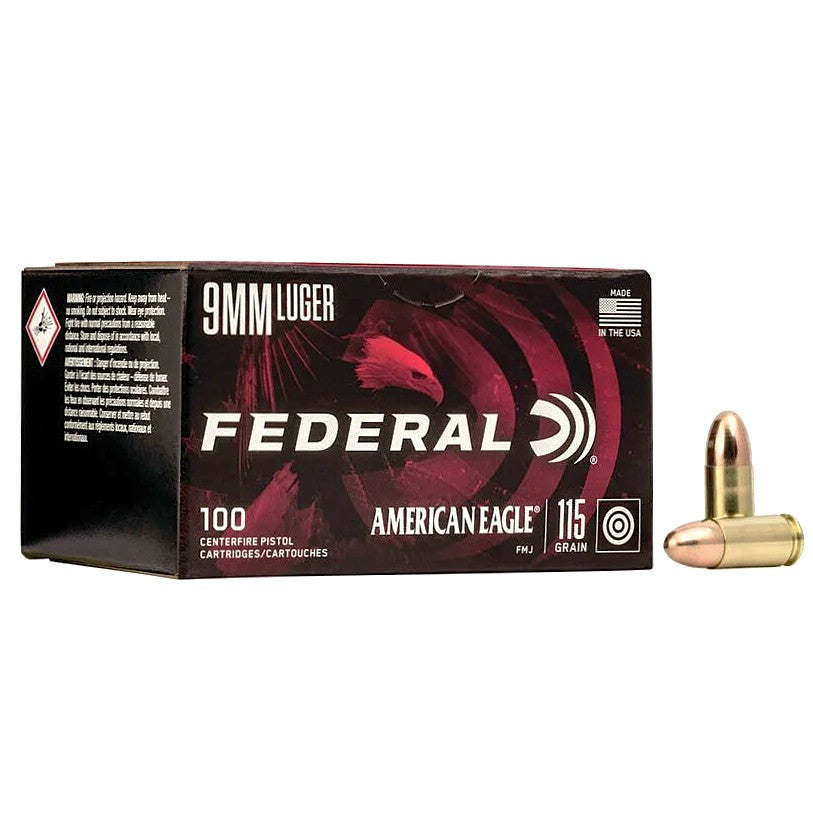 American Eagle AE9DP100 Full Metal Jacket 115 Grain 9mm Luger 1180 fps