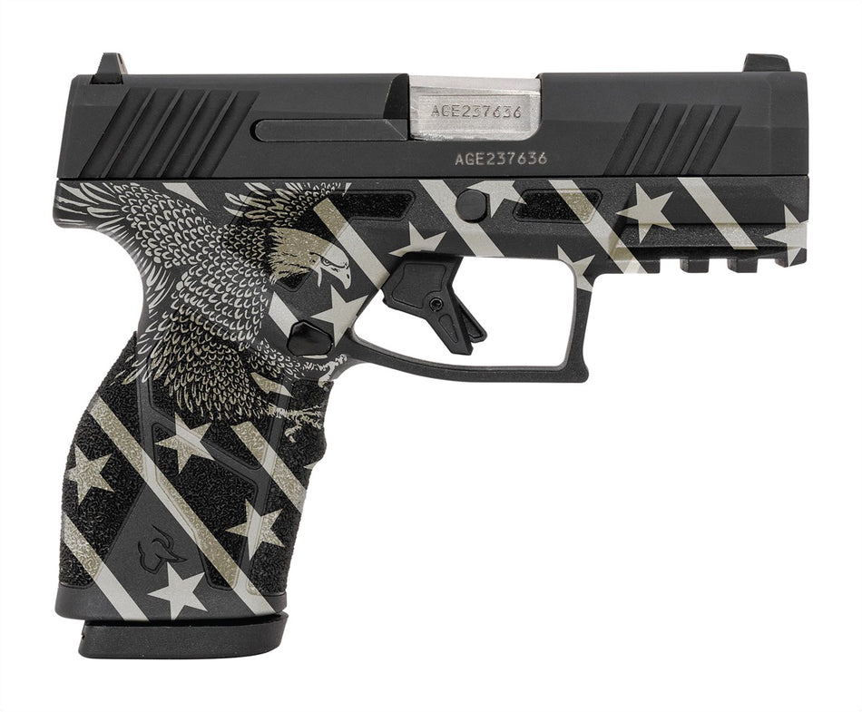Taurus 1-GX2931-10EN1 GX2 Compact Frame 9mm Luger 10+1 3.38" Stainless Steel Barrel, Matte Black Serrated Alloy Steel Slide, Black w/Eagle, Stars & Stripes Polymer Frame w/Accessory Rail