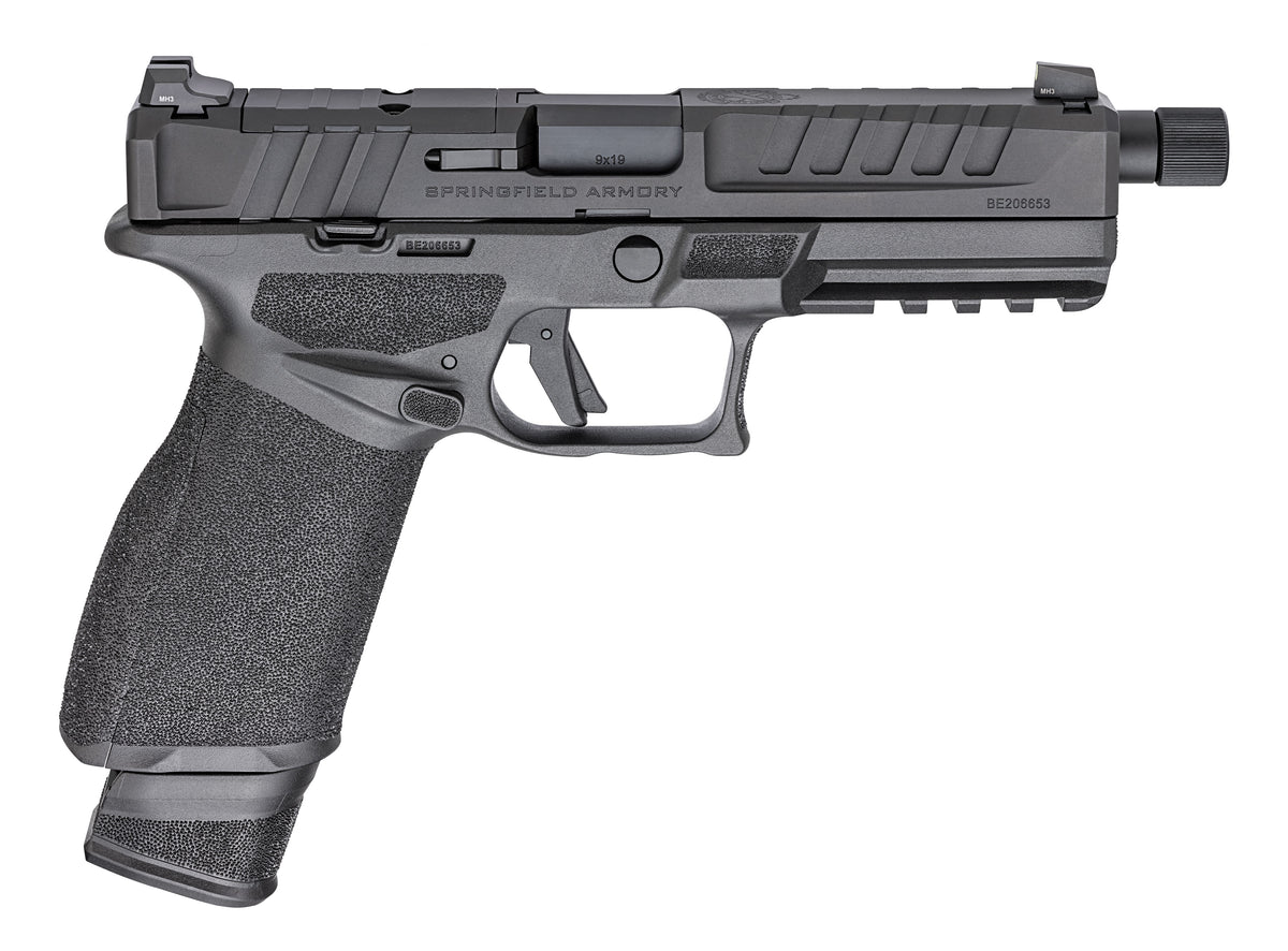 Springfield Armory ECT9459B3D Echelon 9mm Luger 17+1/20+1 5.28" Threaded Barrel, Black, Optic Cut Serrated Slide, Polymer Frame with Pic. Rail, Interchangeable Backstrap Grip, 3-Dot Tritium Sights