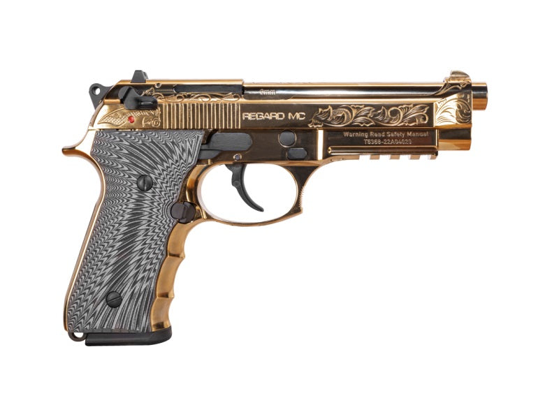 EAA GIRSAN 390088 Regard MC Deluxe 9mm Luger 18+1, 4.90" Stainless Steel Barrel, Gold Plated Serrated w/Engraving Steel Slide & Aluminum Frame w/Picatinny Rail, Black G10 Grip, Ambidextrous