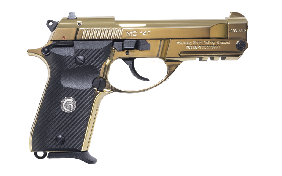 Girsan 390870 MC 14T Solution Compact Frame 380 ACP 13+1 4.50" Gold Plated PVD Steel Tip-Up Barrel, Gold Plated Serrated Steel Slide, Gold Plated Aluminum Frame w/Picatinny Rail, Black Polymer Grip