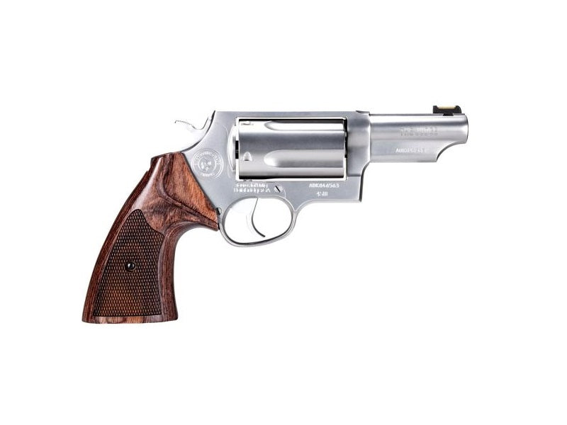 Taurus 2441EX039 Judge Executive Grade Medium Frame 45 Colt (LC) 410 Gauge 5rd 3" Hand Polished Satin Stainless Steel Barrel, Hand Polished Satin Stainless Steel Cylinder & Frame, Wood Grip