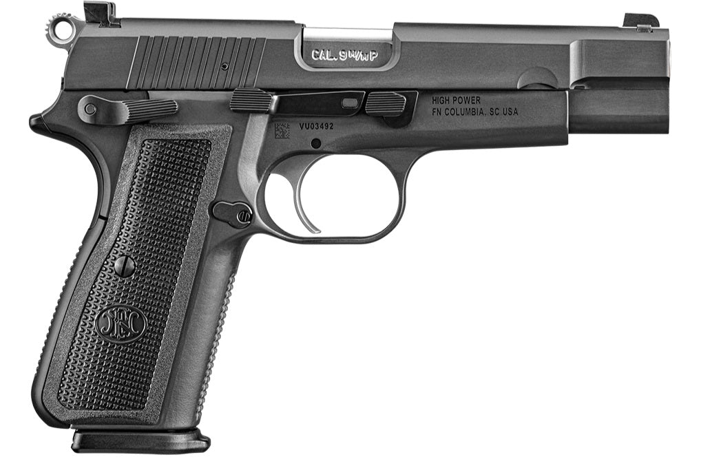 FN 66100256 High Power 9mm Luger 17+1, 4.70" Black Target Crown Steel Barrel, Black PVD Serrated Steel Slide & Steel Frame w/Beavertail, Black Textured Polymer Grip, Ambidextrous