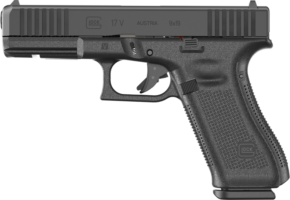 Glock PV1750203 G17 V Standard Frame 9mm Luger 17+1 4.49" Black GMB Barrel, Black nDLC Steel Serrated Slide Black Polymer Frame w/Accessory Rail, Textured Polymer Grip, Ambidextrous