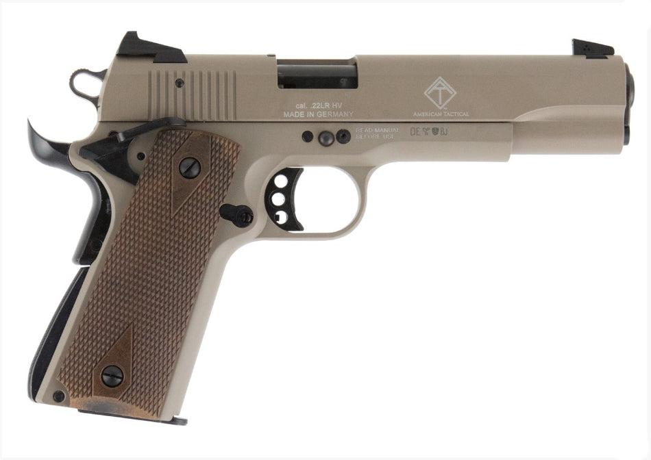 GSG GSG2210M1911T 1911 22 LR 10+1 5" Threaded Barrel, Tan Serrated Slide & Zinc Alloy w/Beavertail Frame, Double Diamond Walnut Grip