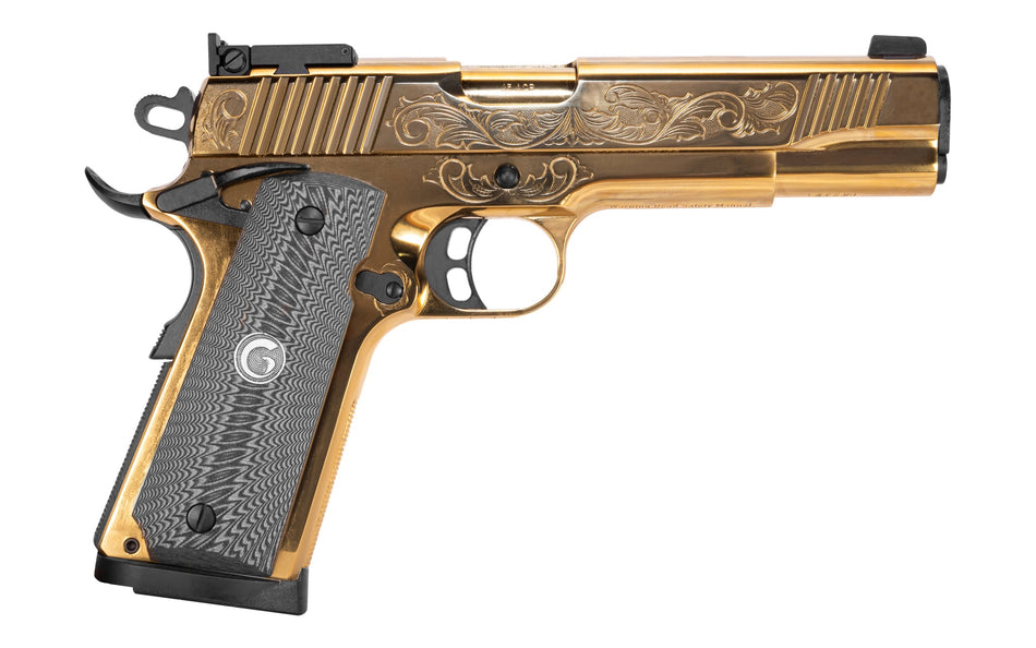 Girsan 390093 MC1911 S Lux 45 ACP 8+1 5" Gold Plated PVD Steel Barrel, Gold Finish Engraved Serrated w/Engraving Steel Slide, Gold Plated Steel Frame, Black G10 Grip