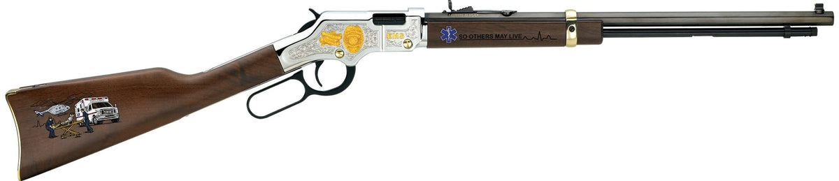 Henry H004EMS Golden Boy EMS Tribute Edition 22 LR, 16 LR/21 Short, 20" Blued 20" Octagon Steel Barrel, Nickel-Plated Steel Engraved Receiver, American Walnut Stock Engraved, Right Hand