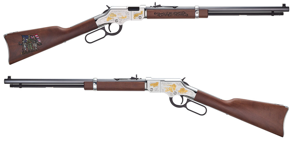 Henry H004MC2 Spirit Of The Corps 250th Anniversary 2nd Edition 22 S/L/LR 16+1 20" Black Octagon Barrel, Nickel-Plated w/24K Gold Inlay Engraved Brass Drilled & Tapped Receiver, American Walnut Straig