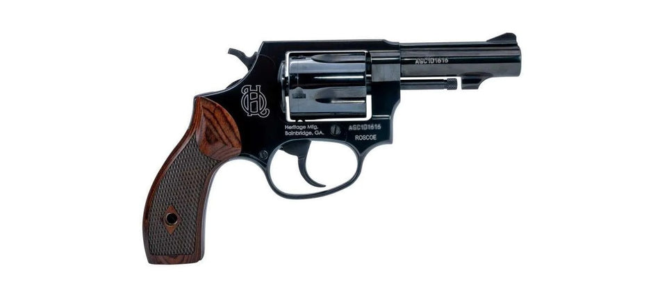 Heritage Mfg HR38B3W Roscoe Small Frame 38 Special +P 5rd 3" Black Polished Alloy Steel Barrel & Cylinder, Black Polished Carbon Steel Frame, Wood Grip, Transfer Bar Safety