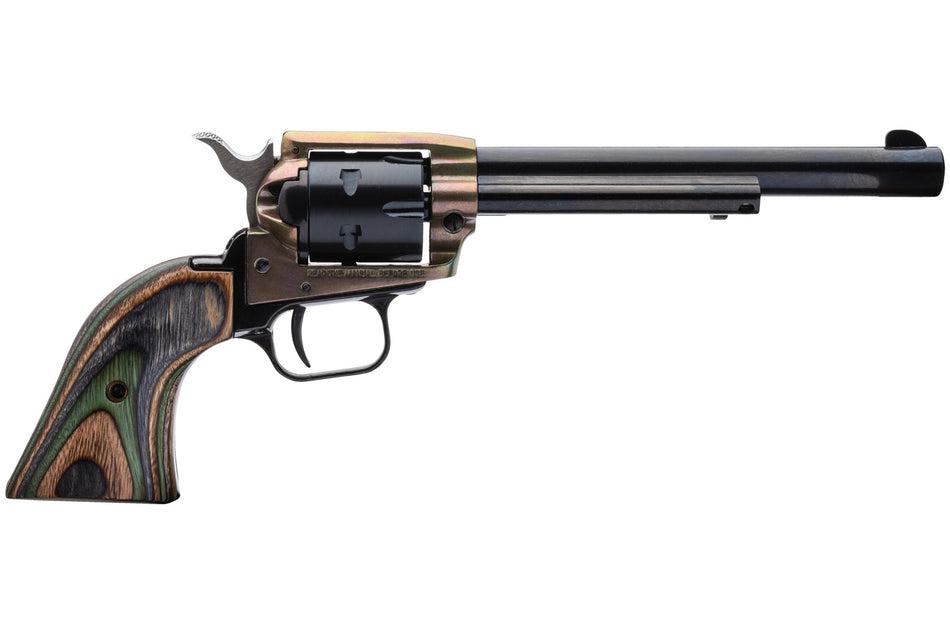 Heritage Mfg RR22CH6 Rough Rider 22 LR 6 Shot, 6.50" Black Oxide Steel Barrel, Simulated Case Hardened Zinc Alloy Frame, Black Oxide Cylinder, Camo Laminate Grip, Manual Safety, Exposed Hammer