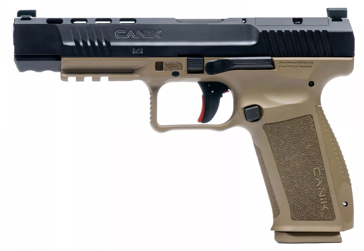 Canik HG5635N Mete SFx Full Size Frame 9mm Luger 20+1/18+1, 5.20" Black Match Grade Barrel Black Nitride Serrated Steel Slide, Flat Dark Earth Polymer Frame w/Picatinny Rail, Ambidextrous
