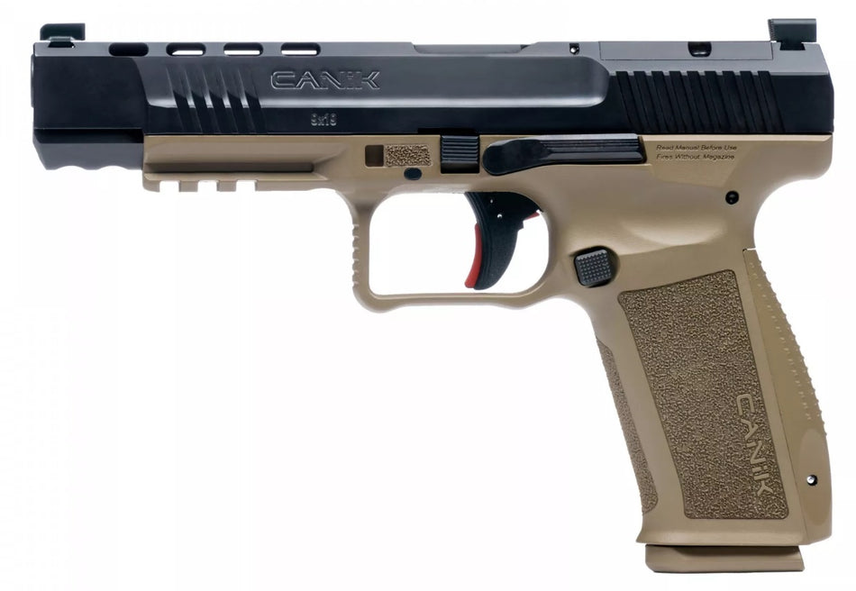 Canik HG6651N Mete SFx 9mm Luger 10+1 5.20" Black Nitride Match Grade Barrel, Black Optic Ready/Serrated Steel Slide, Flat Dark Earth Polymer Frame w/Picatinny Rail, Aggressive Texture Grip