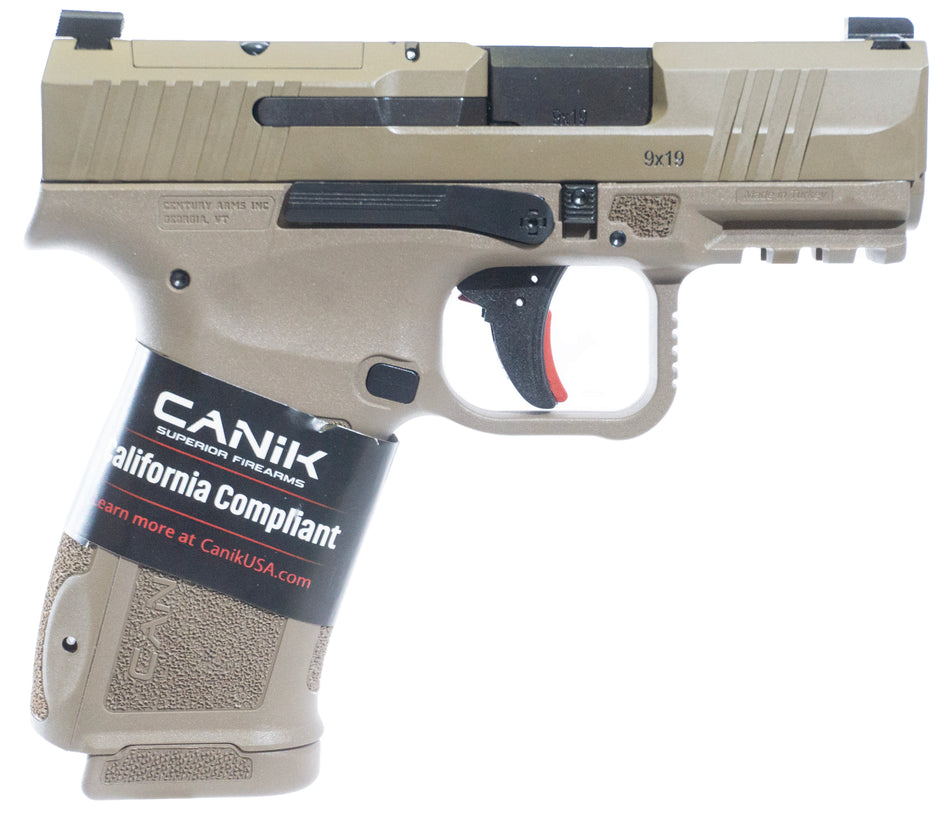 Canik HG7884CAD-N Mete MC9L *CA Compliant 9mm Luger 10+1 3.18" Black Steel Barrel, Desert Cerakote Steel Serrated Slide, Flat Dark Earth Polymer Frame w/Picatinny Rail, Interchangeable Backstrap Grip