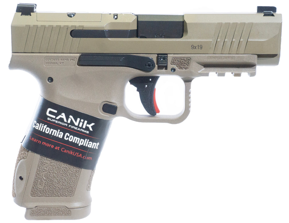 Canik HG7885CAD-N Mete MC9LS *CA Compliant 9mm Luger 10+1 3.63" Black Steel Barrel, Desert Cerakote Steel Serrated Slide, Flat Dark Earth Polymer Frame w/Picatinny Rail, Interchangeable Backstrap Grip